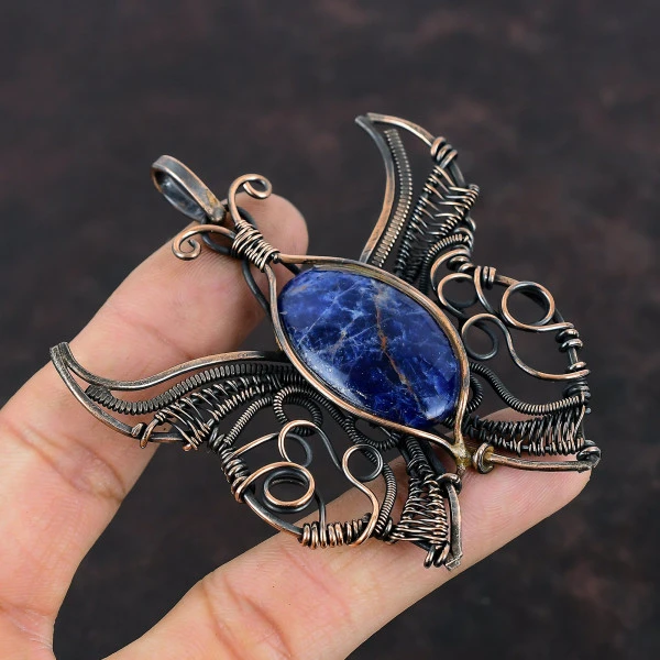 Sodalite Oval Blue Handmade Copper Wire Wrapped Pendant
