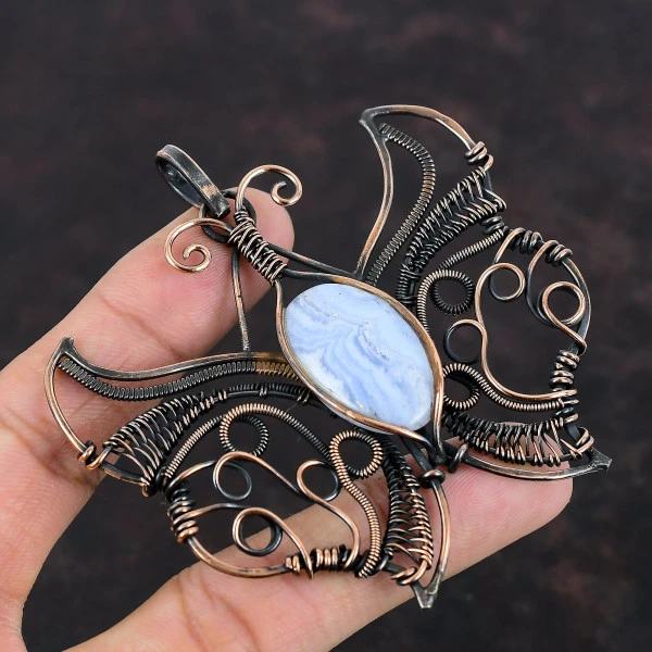 Blue Lace Agate Oval Blue Handmade Copper Wire Wrapped Pendant