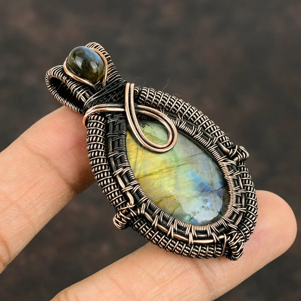 Labradorite Oval Gray Handmade Copper Wire Wrapped Pendant