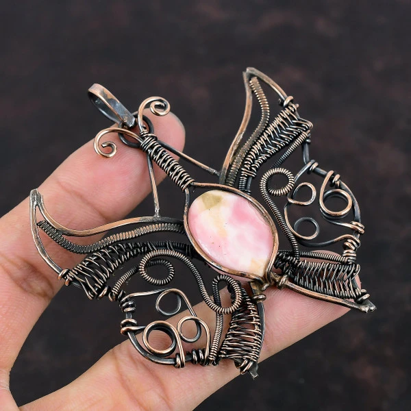 Rhodochrosite Oval Pink Handmade Copper Wire Wrapped Pendant