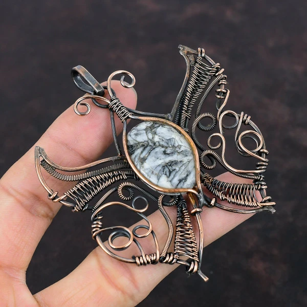 Pinolith Jasper Oval Gray Handmade Copper Wire Wrapped Pendant