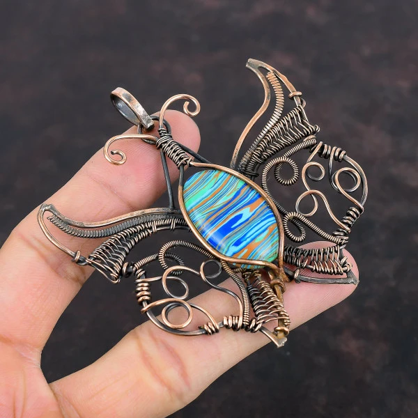 Rainbow Calsilica Oval Blue Handmade Copper Wire Wrapped Pendant
