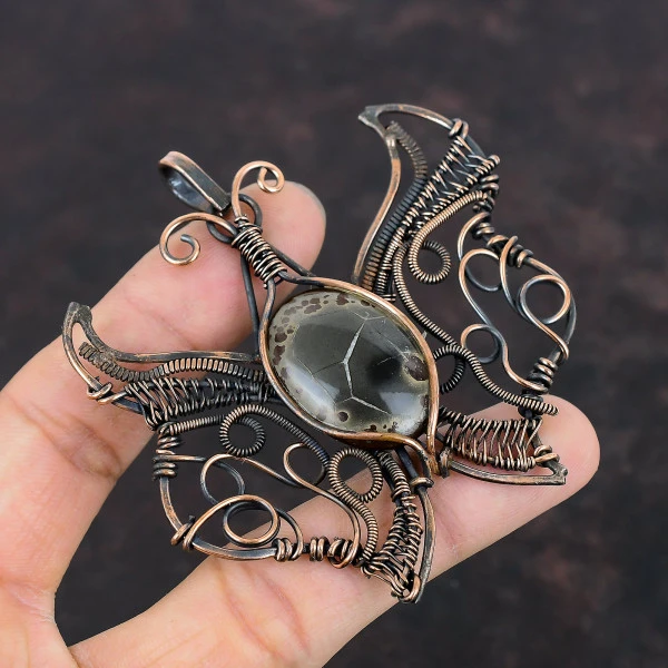 Moroccan Mud Crack Fossil Oval Black Handmade Copper Wire Wrapped Pendant
