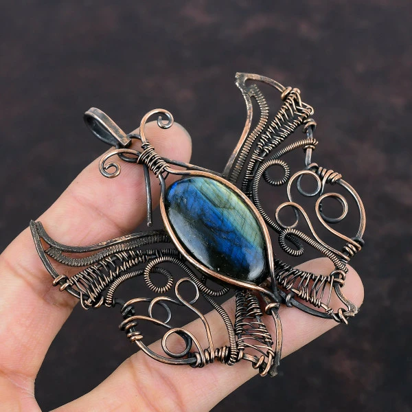 Labradorite Oval Gray Handmade Copper Wire Wrapped Pendant