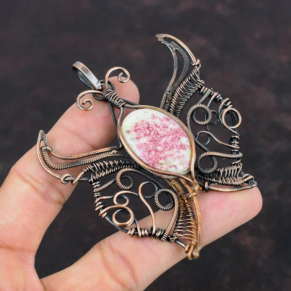 Cinnabar Oval White Handmade Copper Wire Wrapped Pendant