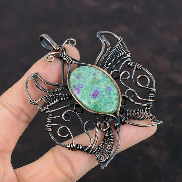 Ruby Fuchsite Oval Green Handmade Copper Wire Wrapped Pendant