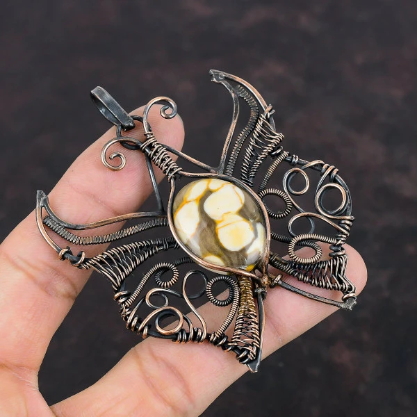 Peanut Wood Jasper Oval Brown Handmade Copper Wire Wrapped Pendant