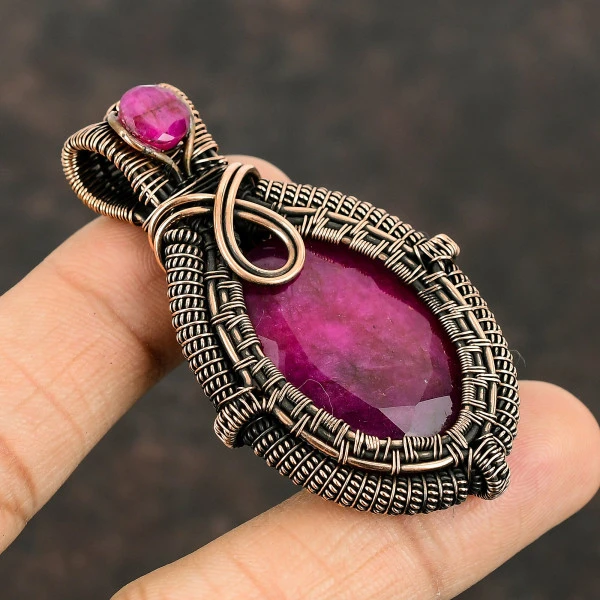 Kashmir Ruby Oval Red Handmade Copper Wire Wrapped Pendant