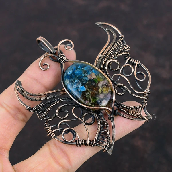Watermelon Tourmaline Oval Blue Handmade Copper Wire Wrapped Pendant