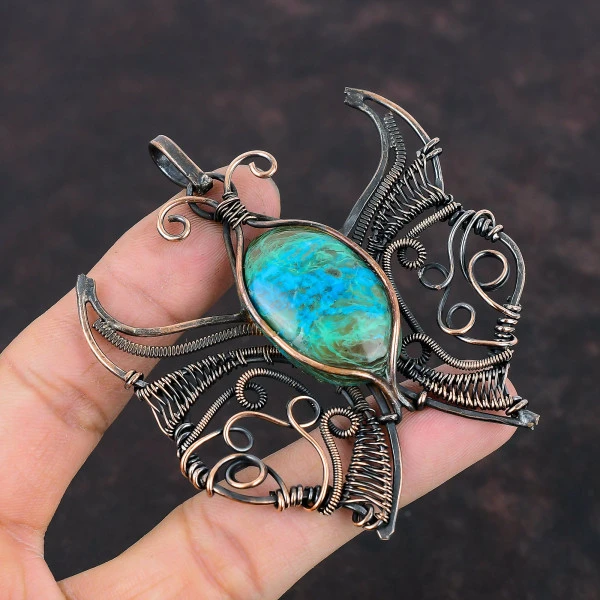 Chrysocolla Oval Green Handmade Copper Wire Wrapped Pendant