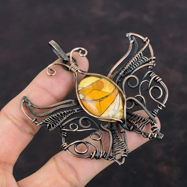 Brecciated Mookaite Oval Yellow Handmade Copper Wire Wrapped Pendant