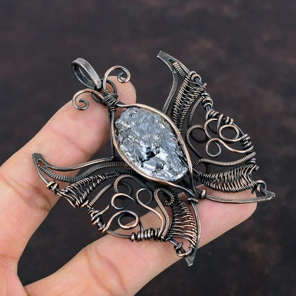 Shungite Rough Oval Black Handmade Copper Wire Wrapped Pendant