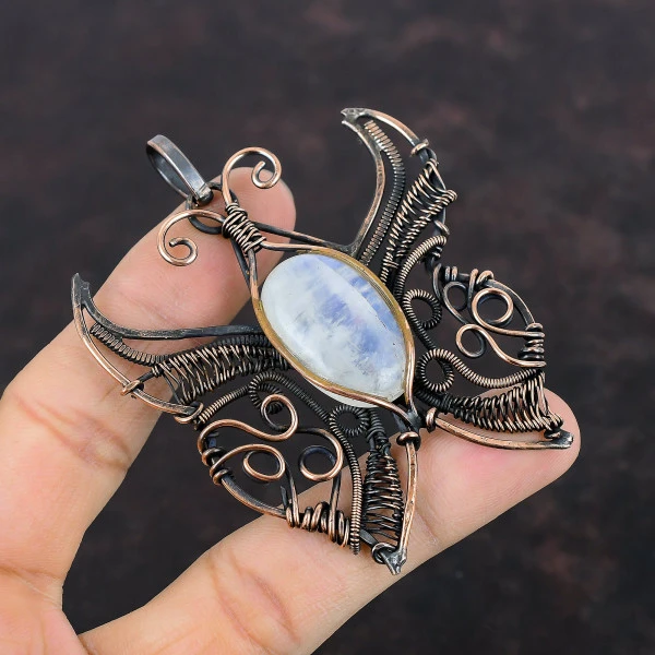 Rainbow Moonstone Oval White Handmade Copper Wire Wrapped Pendant