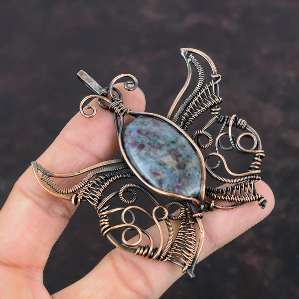 Ruby In Blue Kyanite Oval Blue Handmade Copper Wire Wrapped Pendant