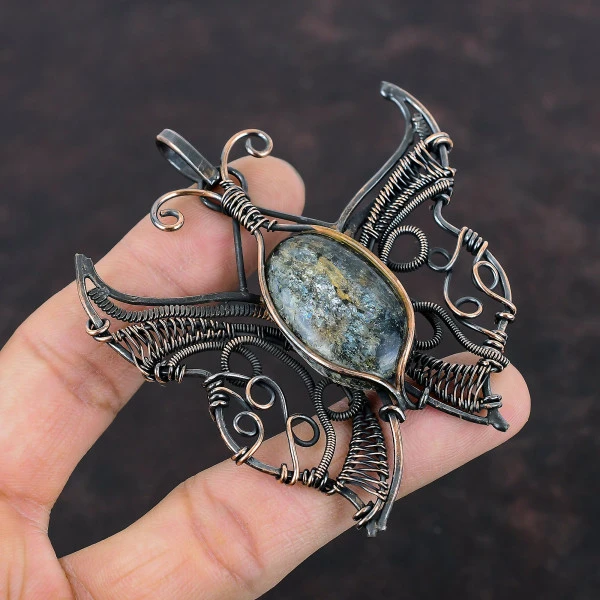 Kyanite Oval Black Handmade Copper Wire Wrapped Pendant