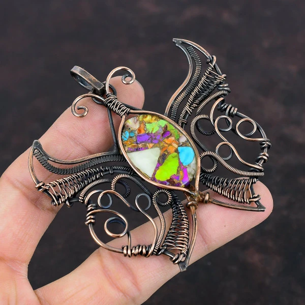 Fiesta Kingman Turquoise Oval Green Handmade Copper Wire Wrapped Pendant