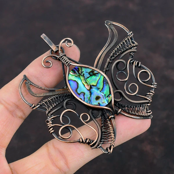 Abalone Shell Oval Green Handmade Copper Wire Wrapped Pendant