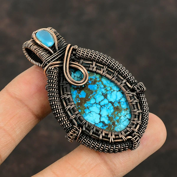 Tibetan Turquoise Oval Blue Handmade Copper Wire Wrapped Pendant