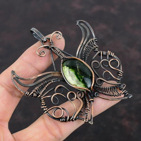 Australian Chrome Chalcedony Oval Green Handmade Copper Wire Wrapped Pendant