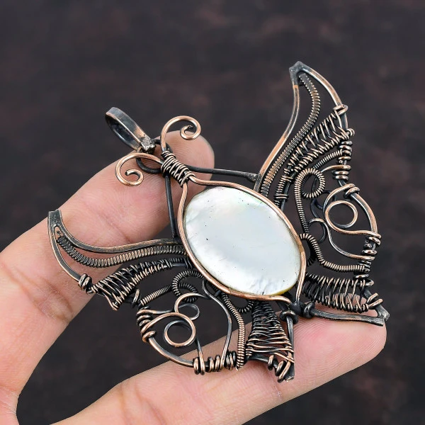 Mother Of Pearl Oval White Handmade Copper Wire Wrapped Pendant