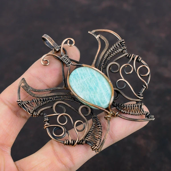 Amazonite Oval Green Handmade Copper Wire Wrapped Pendant