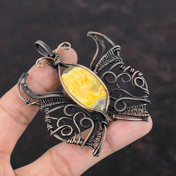 Bumble Bee Jasper Oval Yellow Handmade Copper Wire Wrapped Pendant