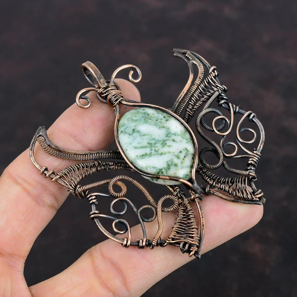 Tree Agate Oval Green Handmade Copper Wire Wrapped Pendant