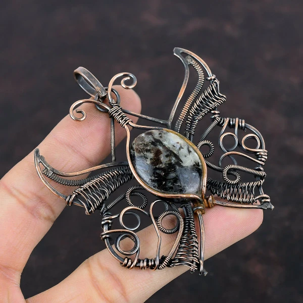 Astrophyllite Oval Black Handmade Copper Wire Wrapped Pendant