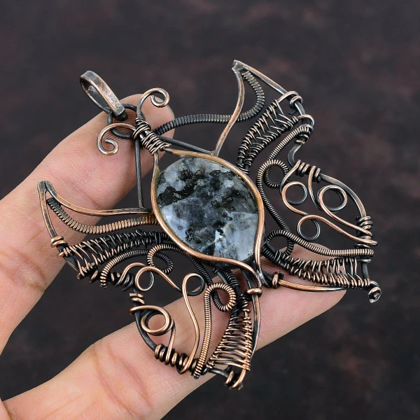 Larvikite Oval Black Handmade Copper Wire Wrapped Pendant
