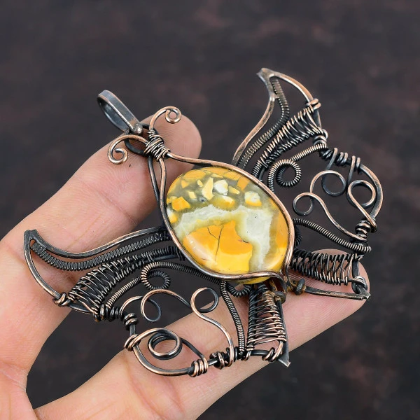 Maligano Jasper Oval Yellow Handmade Copper Wire Wrapped Pendant