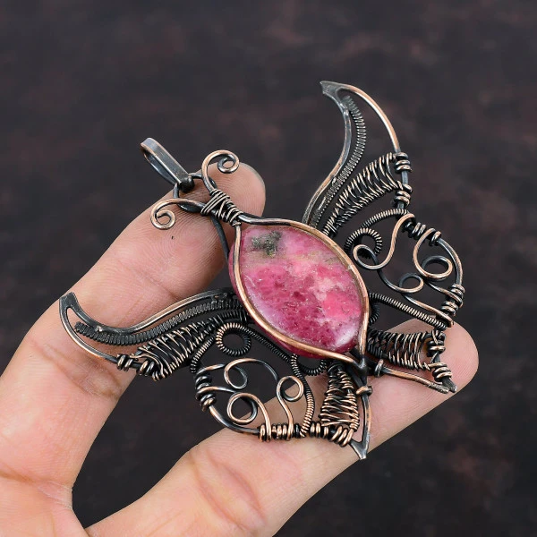 Rhodonite Oval Pink Handmade Copper Wire Wrapped Pendant