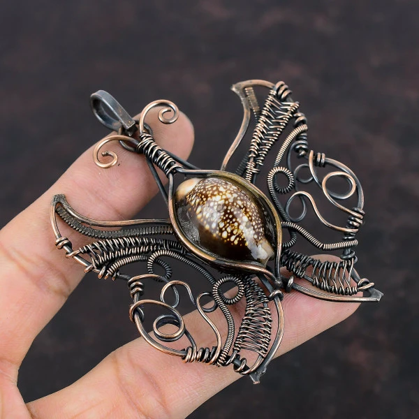 Cowrie Shell Oval Brown Handmade Copper Wire Wrapped Pendant