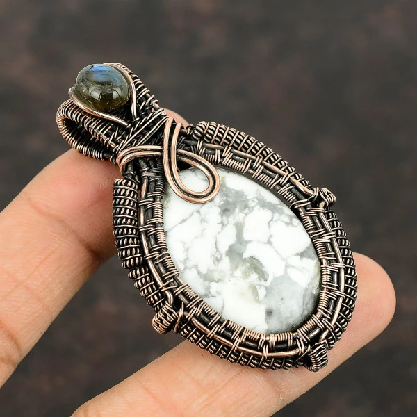 Howlite Oval White Handmade Copper Wire Wrapped Pendant