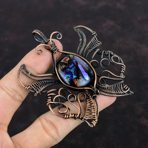 American Dichroic Glass Radiant Black Handmade Copper Wire Wrapped Pendant