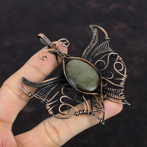 Silver Sheen Obsidian Oval Gray Handmade Copper Wire Wrapped Pendant