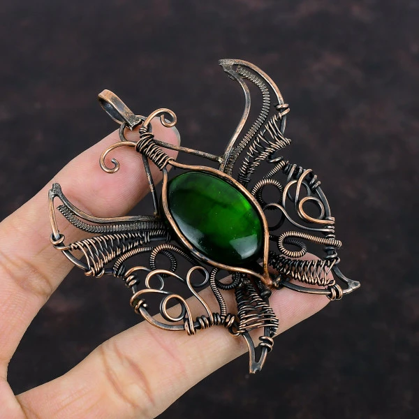 Green Fire Labradorite Oval Green Handmade Copper Wire Wrapped Pendant