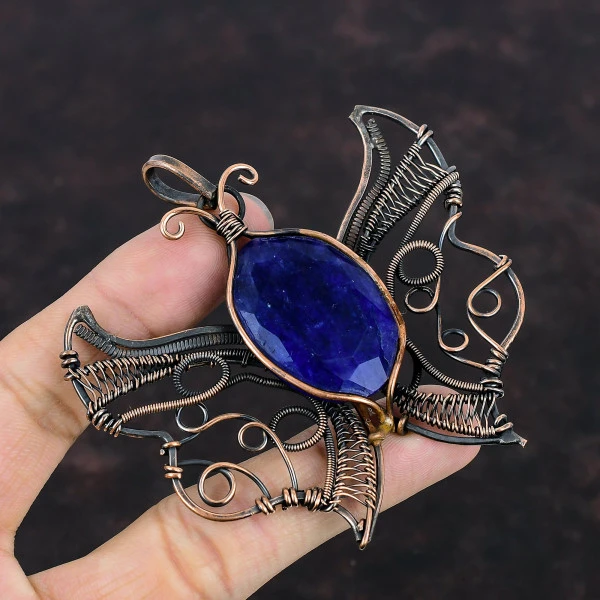 Blue Sapphire Oval Blue Handmade Copper Wire Wrapped Pendant