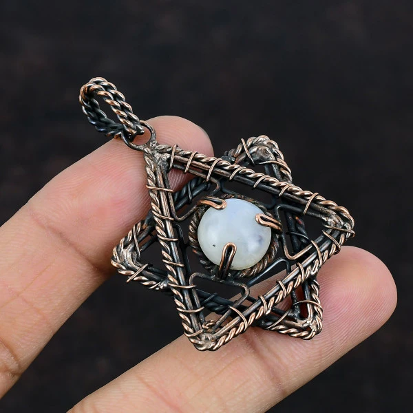 Rainbow Moonstone Round White Handmade Copper Wire Wrapped Pendant