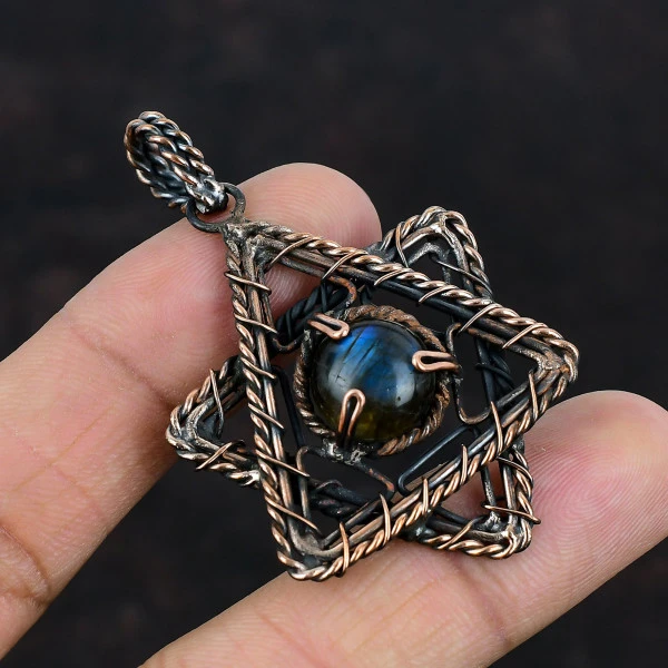 Labradorite Round Gray Handmade Copper Wire Wrapped Pendant