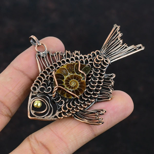 Ammonite Fossil Pear Brown Handmade Copper Wire Wrapped Pendant
