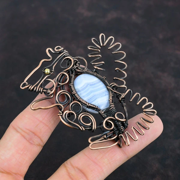 Blue Lace Agate Oval Blue Handmade Copper Wire Wrapped Pendant