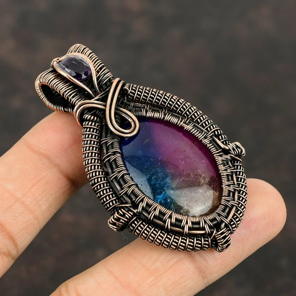 Rainbow Solar Quartz Druzy Oval Purple Handmade Copper Wire Wrapped Pendant