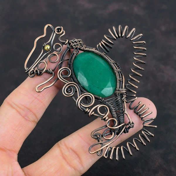 Zambian Emerald Oval Green Handmade Copper Wire Wrapped Pendant