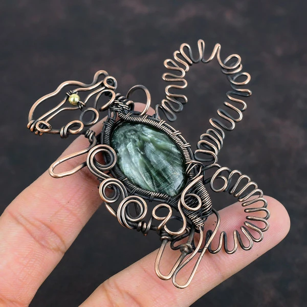 Seraphinite Oval Green Handmade Copper Wire Wrapped Pendant