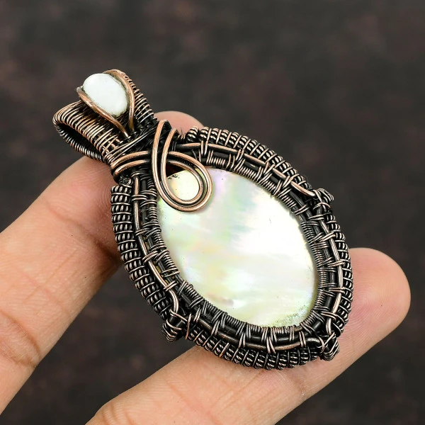 Mother Of Pearl Oval White Handmade Copper Wire Wrapped Pendant