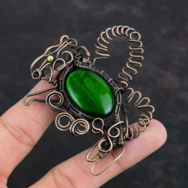 Green Fire Labradorite Oval Green Handmade Copper Wire Wrapped Pendant