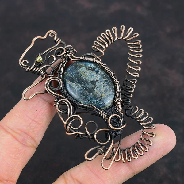 Kyanite Oval Gray Handmade Copper Wire Wrapped Pendant