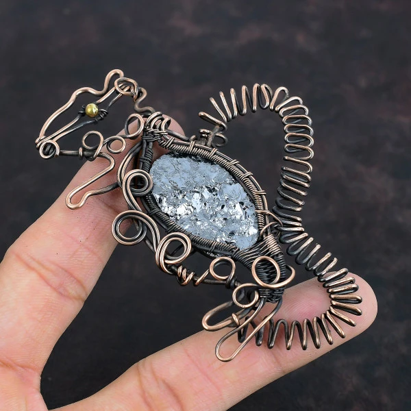 Shungite Rough Oval Black Handmade Copper Wire Wrapped Pendant