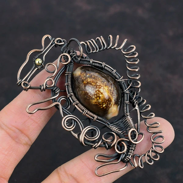 Cowrie Shell Pear Brown Handmade Copper Wire Wrapped Pendant