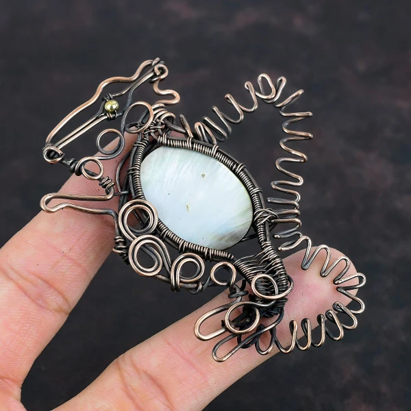 Mother Of Pearl Oval White Handmade Copper Wire Wrapped Pendant